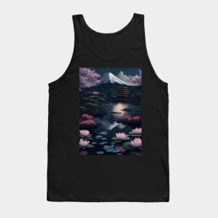 Serene Mount Fuji Sunset - Peaceful River Scenery - Lotus Flowers Tank Top